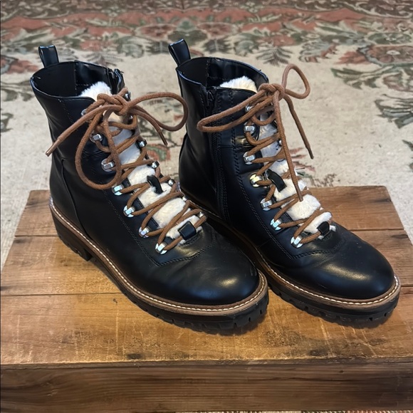 Black Faux Leather Lace-Up Boots with Faux Fur - Picture 1 of 6